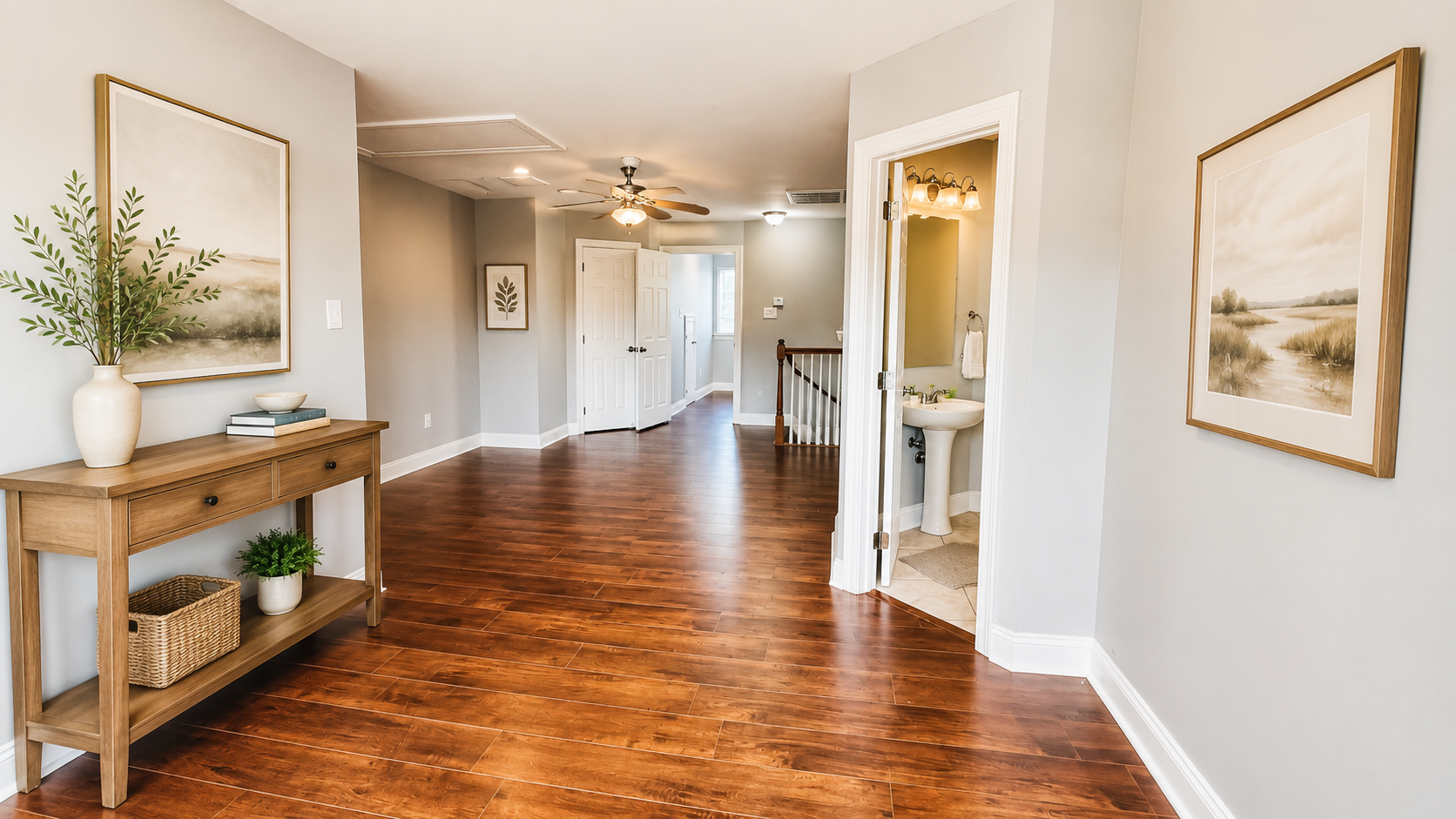 Upstairs living area with wood floors