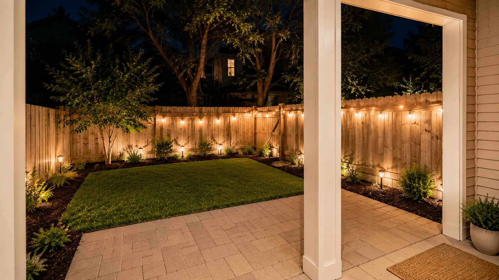 Private backyard patio at night
