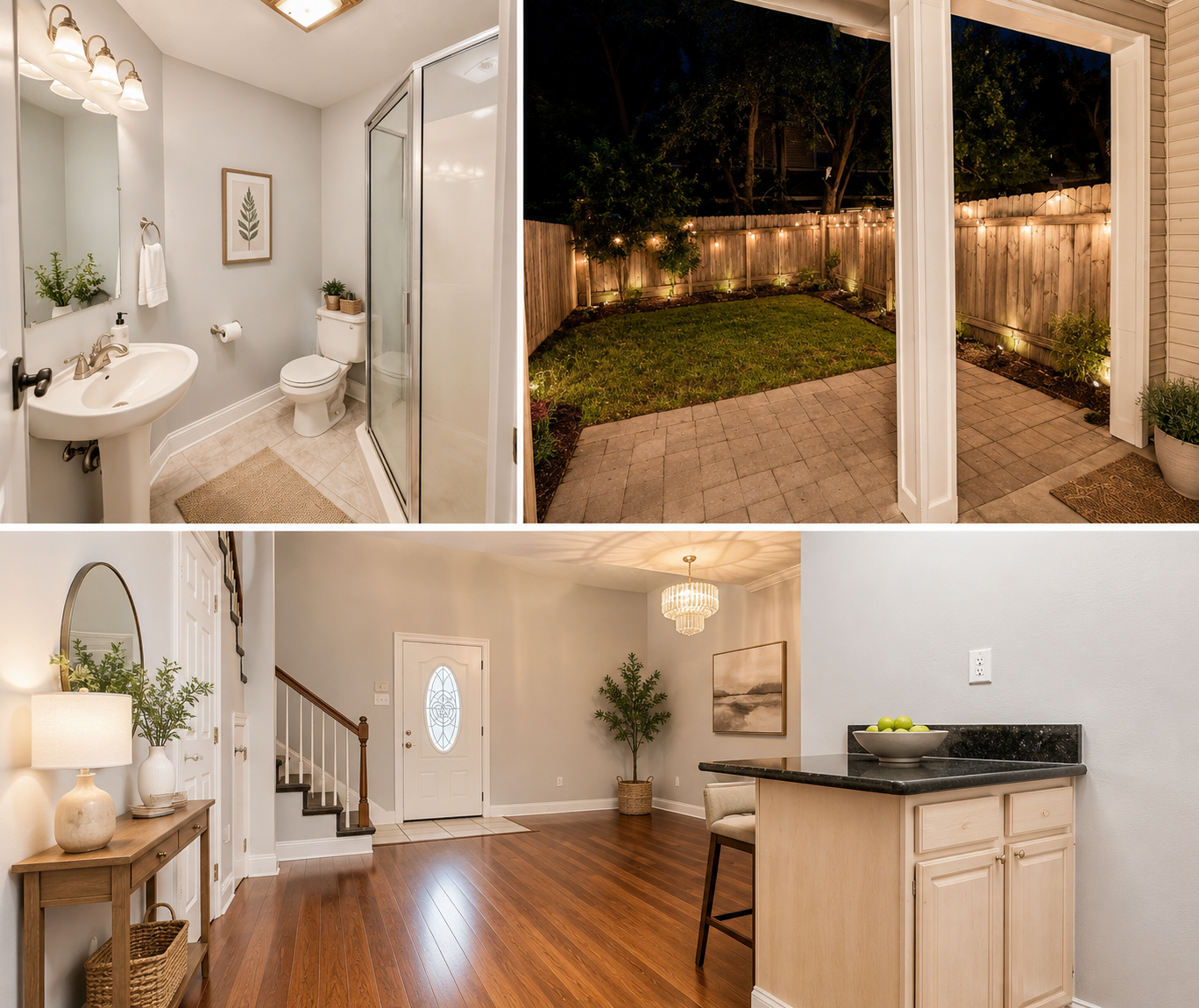 Bathroom, backyard, and entry collage